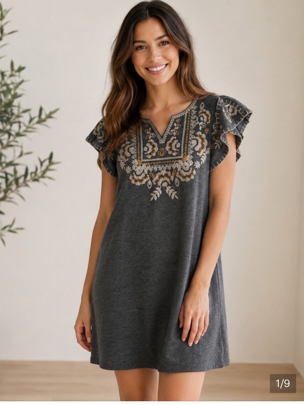THML Dress Embroidered Floral Dress Charcoal Gray with Cream & Tan Accents Small